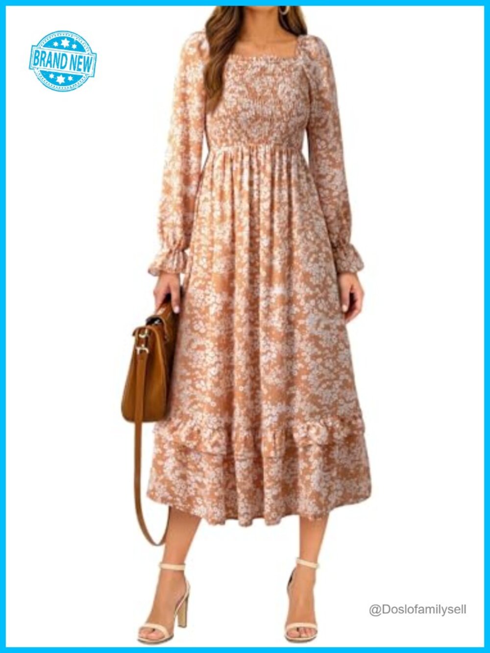 Boho Floral Smocked Tiered Ruffle Hem Maxi Dress Long Sleeve Square Neck